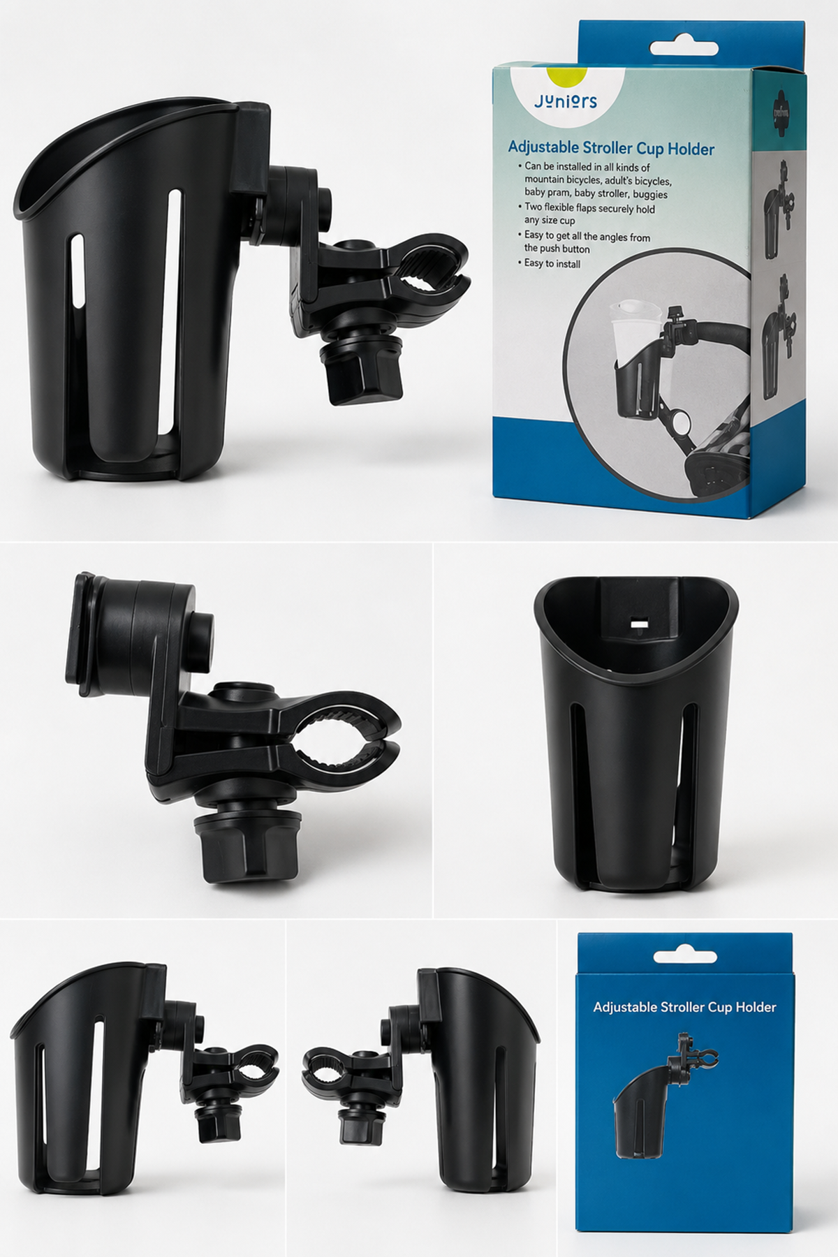 Black adjustable stroller cup holder with mounting clamp, plus product box.
