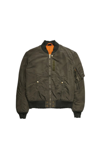 Olive bomber jacket with front zipper, snap pockets, ribbed hem; orange lining