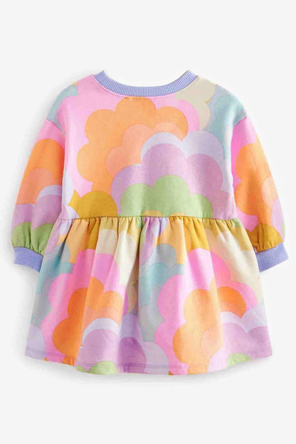 Kids cloud print long-sleeve dress with striped crew neck and gathered skirt