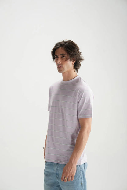 Men's lavender crewneck T-shirt with thin horizontal stripes, side view, short sleeves