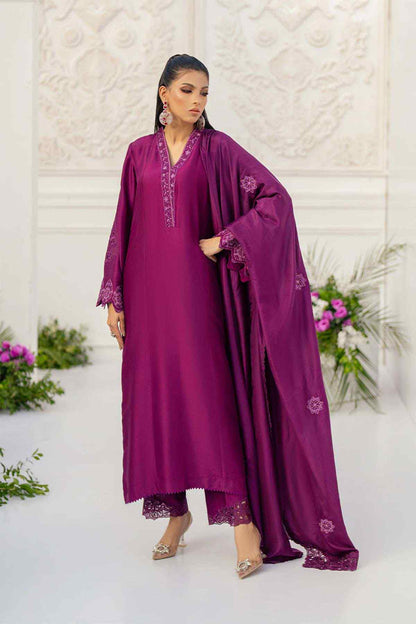 Purple embroidered long tunic dress with matching sheer dupatta