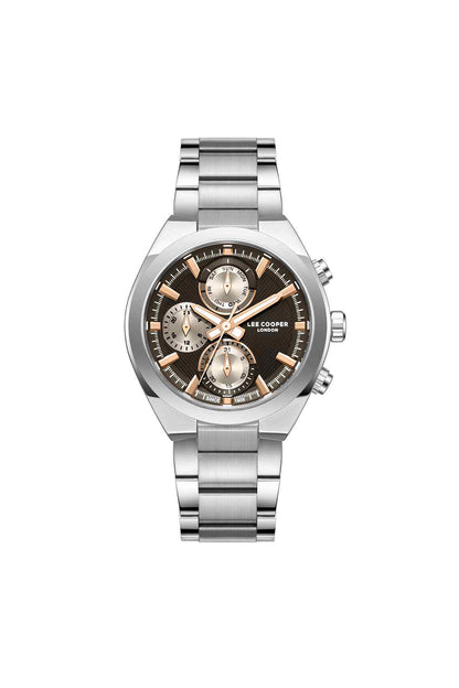 Lee Cooper silver metal wristwatch with multi-dial black face and chronograph details