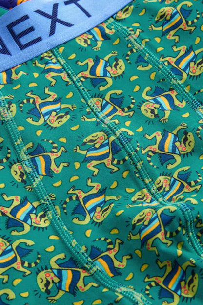 Turquoise boxer shorts with dinosaur print and blue NEXT waistband