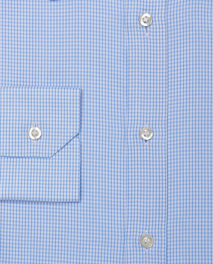 Light blue micro-check dress shirt front with button placket and round buttons