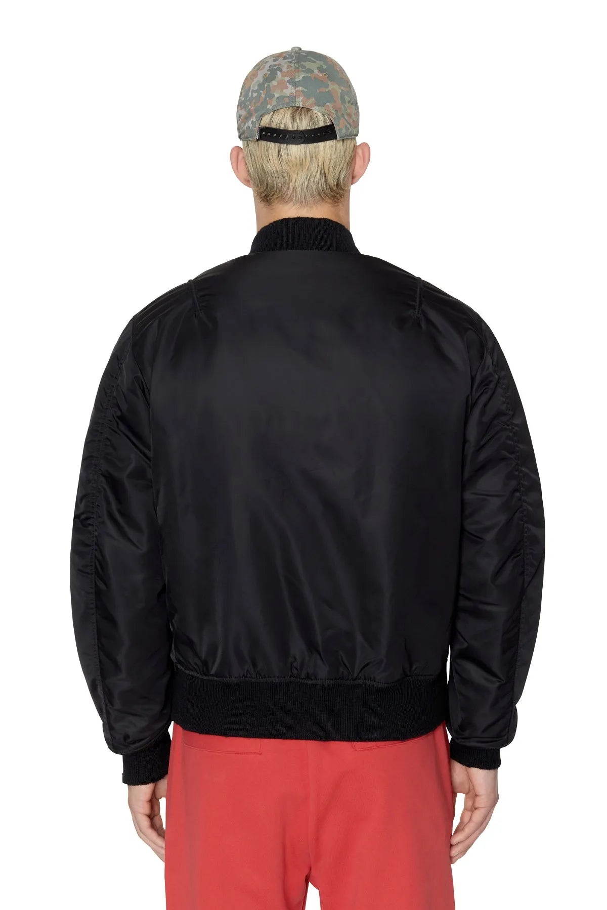 Diesel black bomber jacket back view with ribbed collar and hem, full-zip.