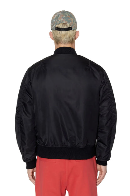 Diesel black bomber jacket back view with ribbed collar and hem, full-zip.