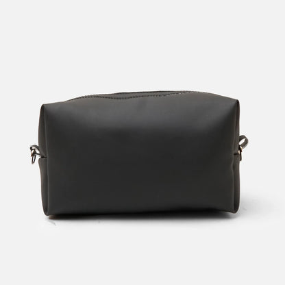 Black padded toiletry bag with zipper and metal ring pulls