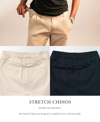 Stretch chinos, light khaki and dark navy, pull-on style with elastic waistband