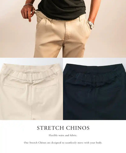 Stretch chinos color options: light beige and dark navy, elastic waistband