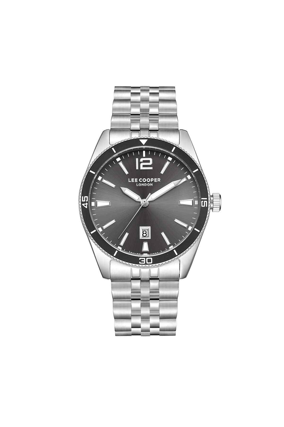 Lee Cooper silver stainless steel wristwatch with black dial and metal link bracelet