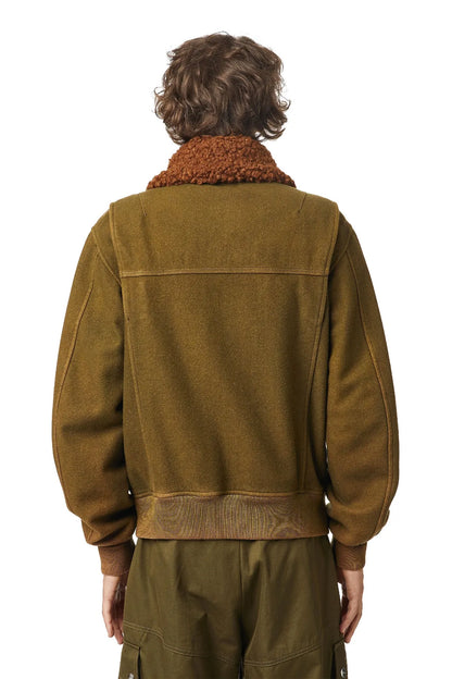 Olive green zip-up jacket, back view, brown shearling-style collar and ribbed hem