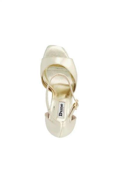 Gold heeled sandal with back ankle strap and Dune logo insole