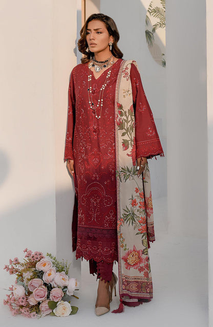 Maroon embroidered tunic dress with floral side panels and long sleeves, mid-calf length