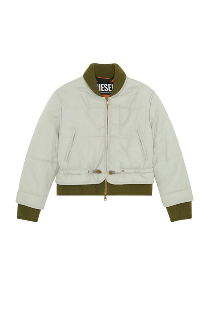 Diesel light grey cropped bomber jacket flat lay, olive ribbed collar and full zip