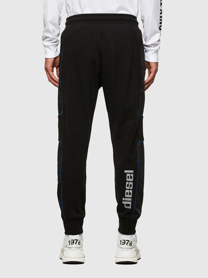 Black jogger pants with blue piping stripe, drawstring waist, tapered cuffs