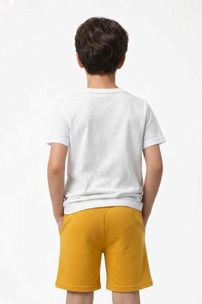 Kids yellow shorts from behind with elastic waistband
