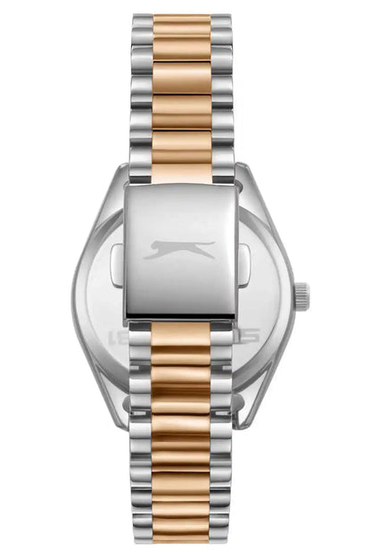 Two-tone watch side profile with silver case, rose-gold center links, crown detail.