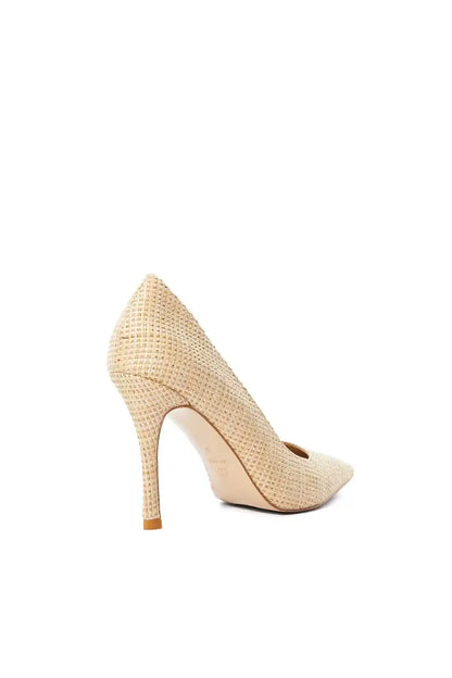 Natural woven pointed-toe stiletto heels, angled view