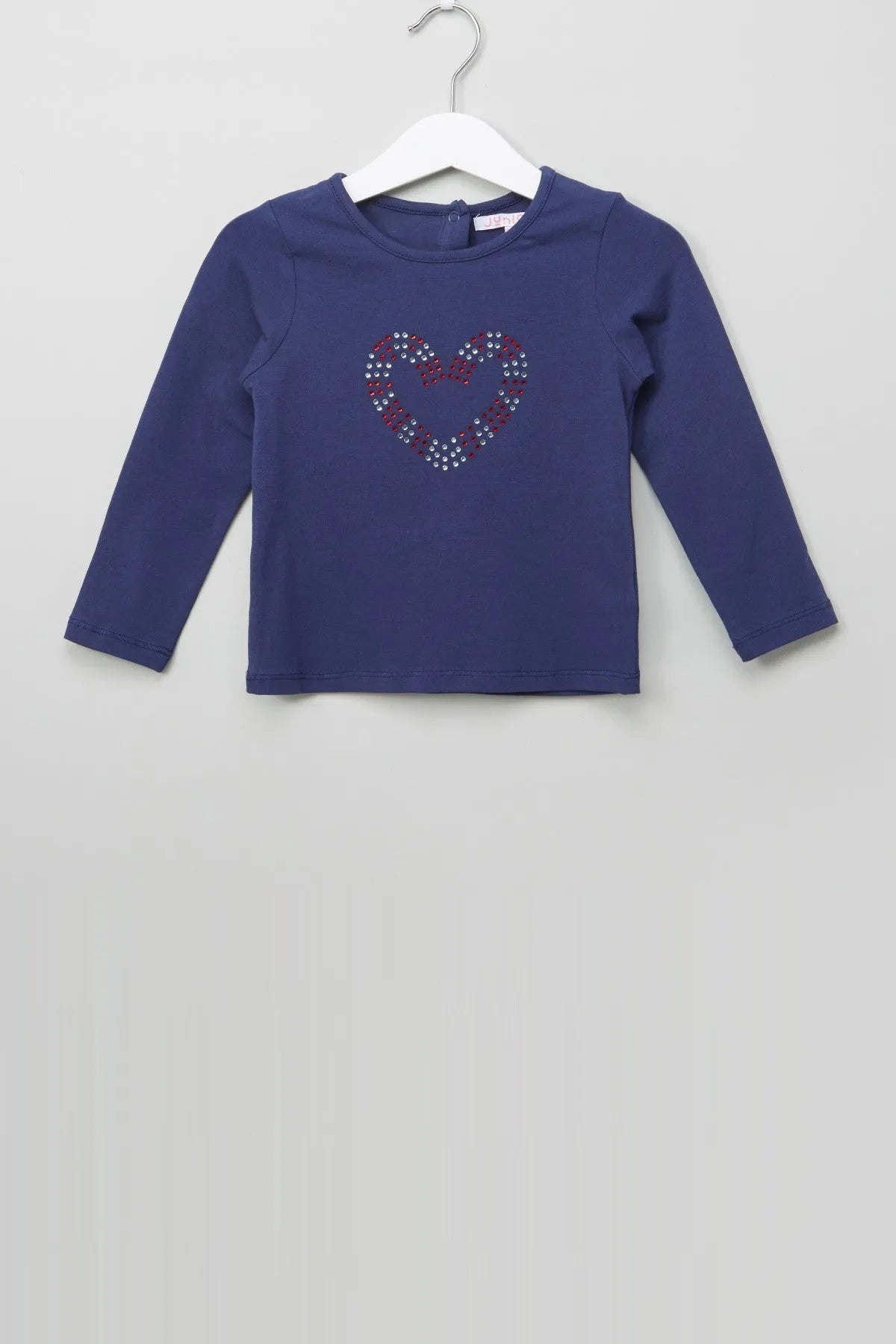 Kids navy long-sleeve crew top, heart dot graphic in red and blue