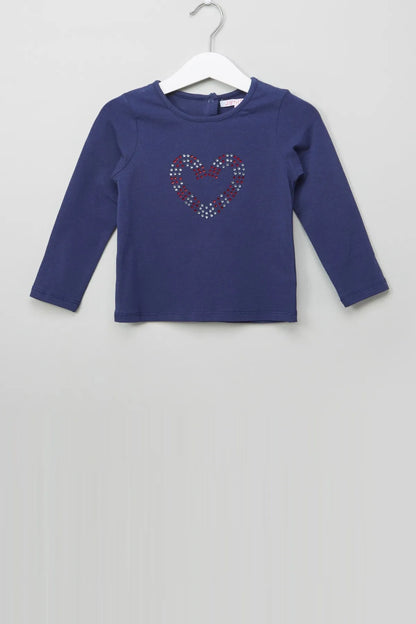 Kids navy long-sleeve crew top, heart dot graphic in red and blue