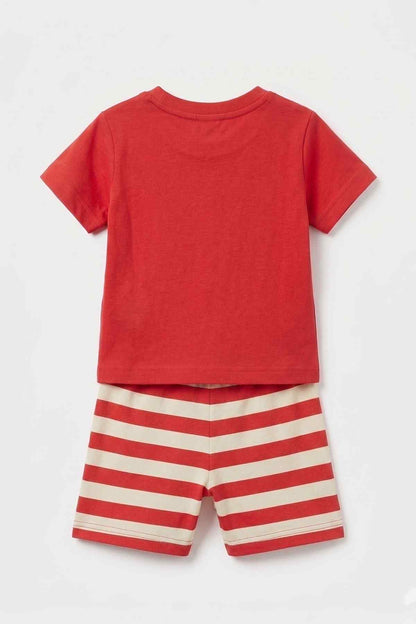 Red baby T-shirt and red-and-white striped shorts, back
