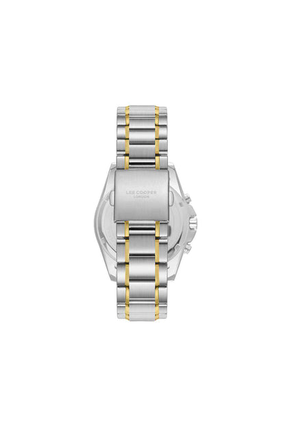 Two-tone metal wristwatch with black dial and gold-striped bracelet