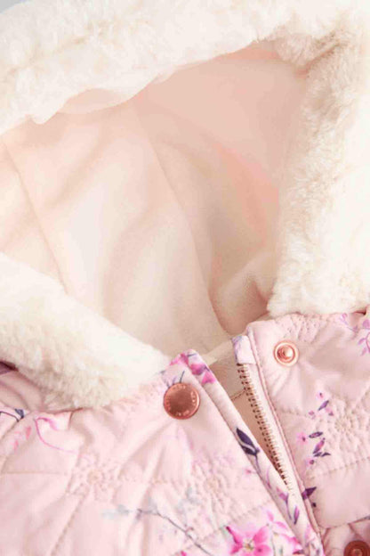 Pink floral puffer jacket hood with faux-fur trim and snap button