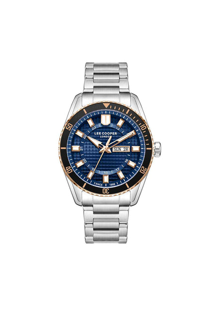Silver metal link wristwatch with blue dial and copper-tone bezel
