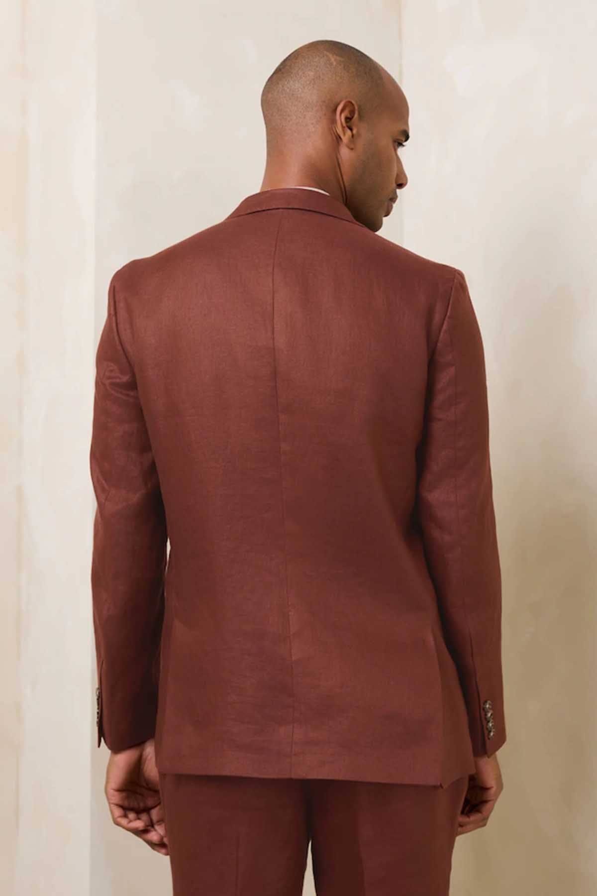 Brown suit jacket back view with two-button cuff detail