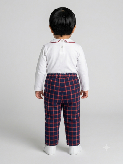 Plaid baby trousers with elastic waist, seen from back on child