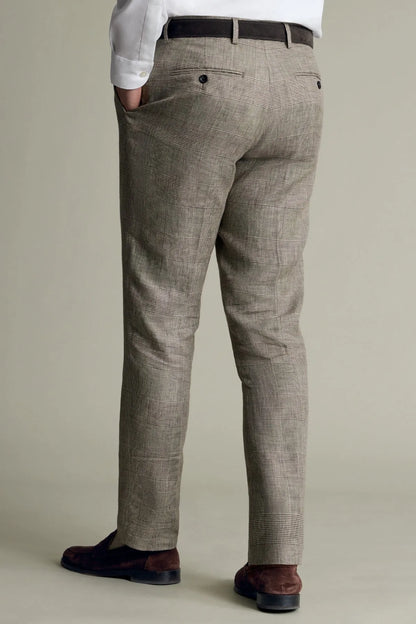 Men's suit trousers in gray-brown fabric, belt loops, back button and straight legs