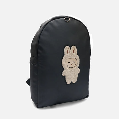 Black backpack with bunny patch and top ring