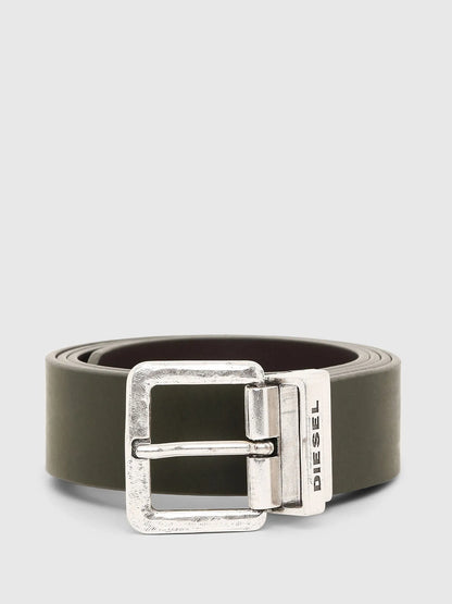 Diesel dark green belt with silver square buckle and embossed logo