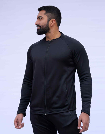 Men's black zip-up athletic jacket, angled front with long sleeves and zipper