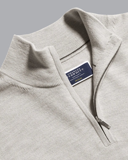 Grey knit sweater close-up of zip and brand label