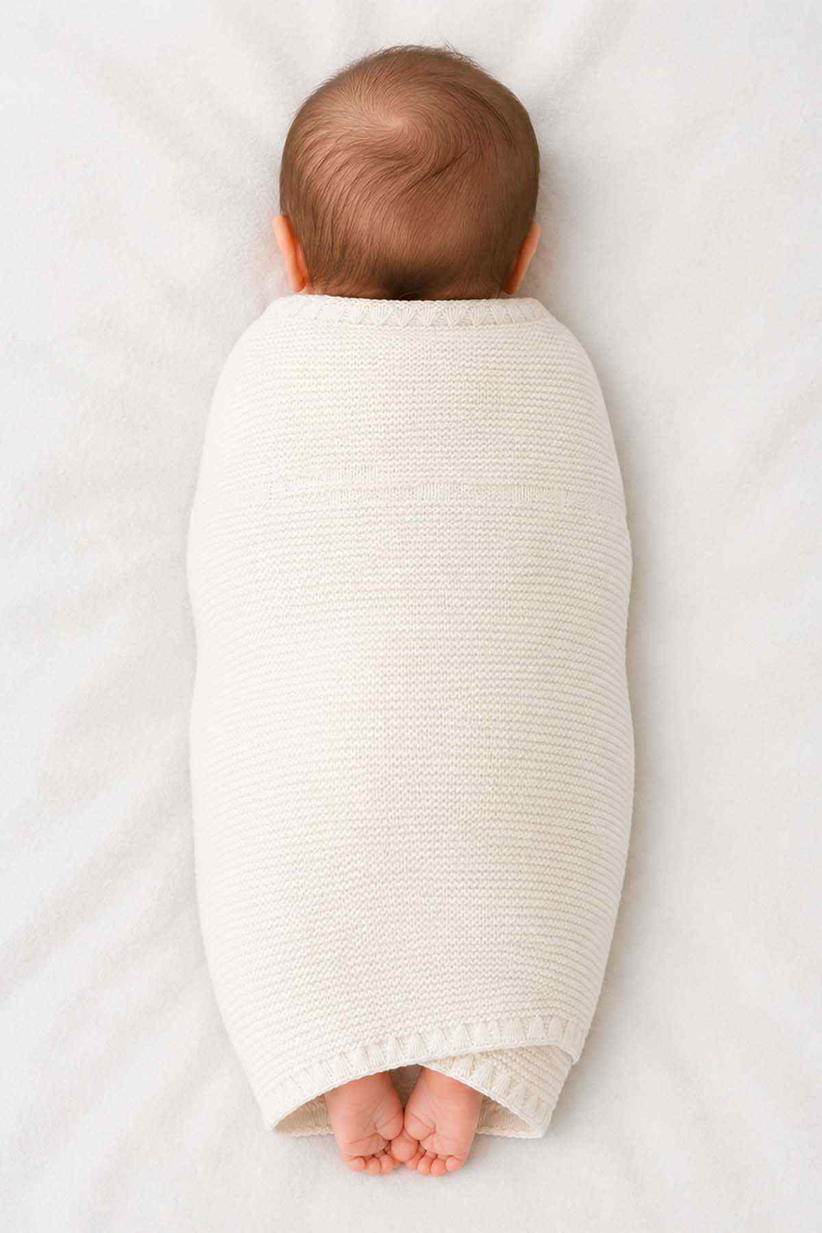 BABYSHOP baby shawl, white knit wrap with long sleeves, back view