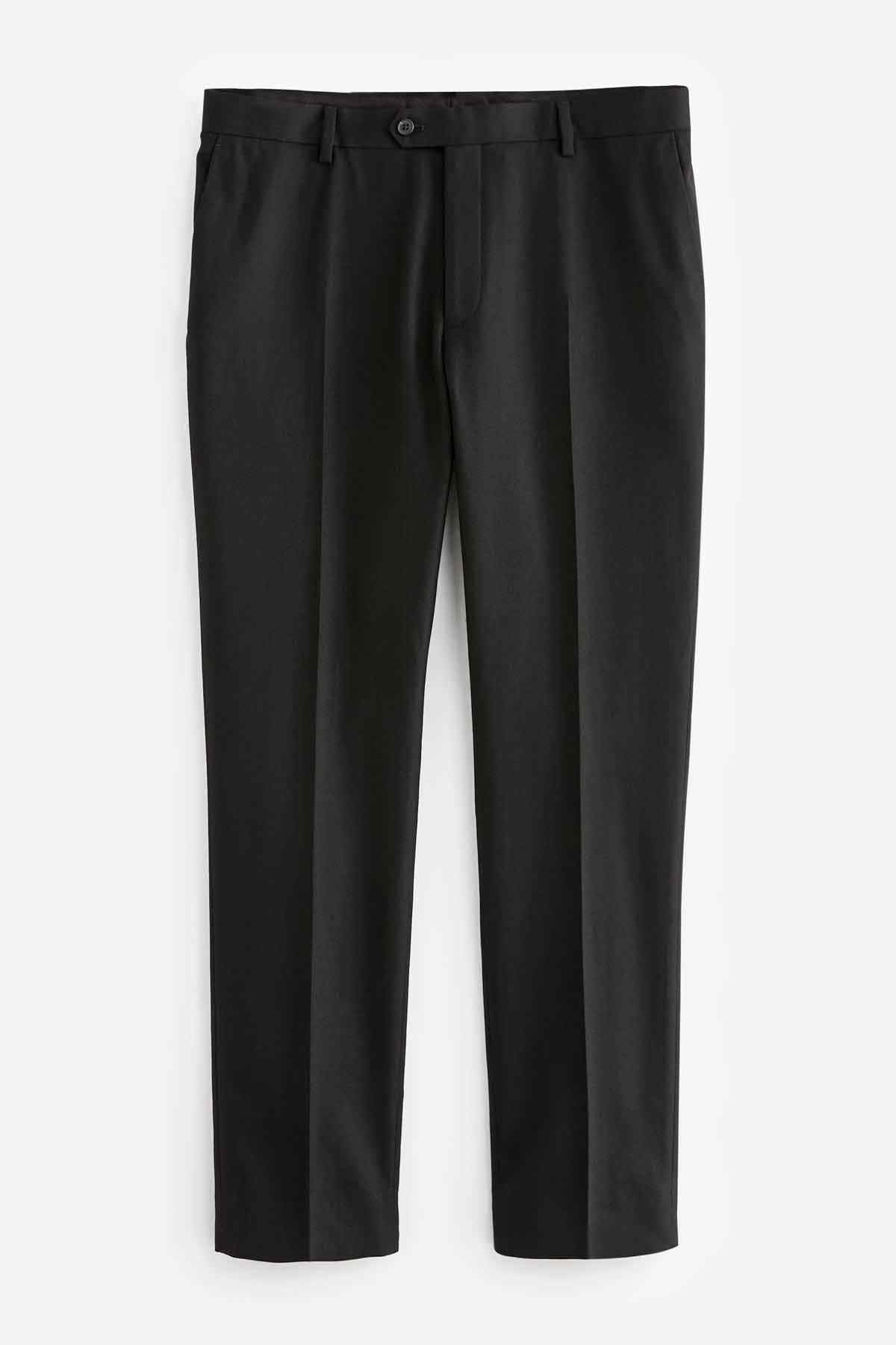 Black tailored trousers, straight leg with button and belt loops