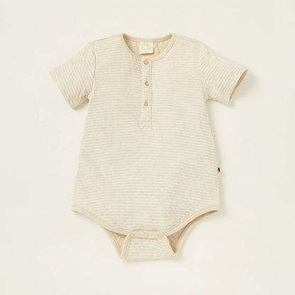 Beige striped short-sleeve bodysuit with button placket and snap legs