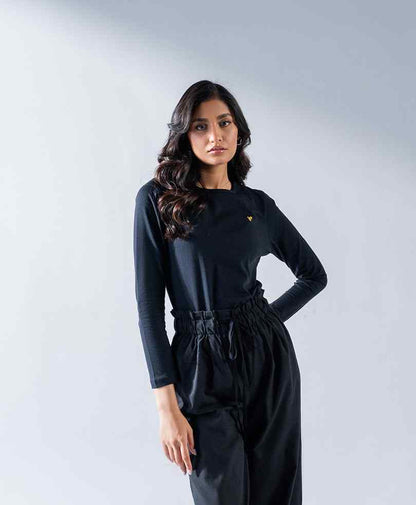 Navy fitted long-sleeve jumpsuit with cinched waist drawstring and chest logo