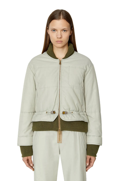 Diesel light grey cropped bomber jacket, olive ribbed hem, full front zip