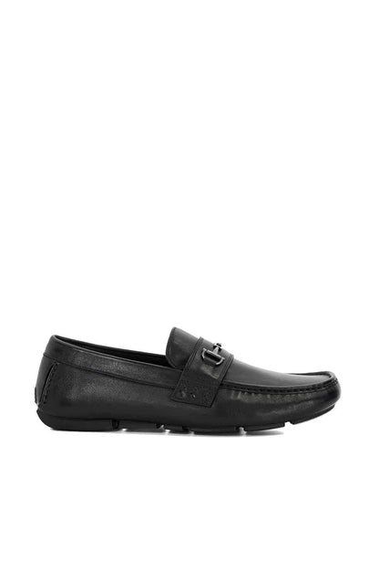 Black leather loafer, low heel, buckle strap across vamp