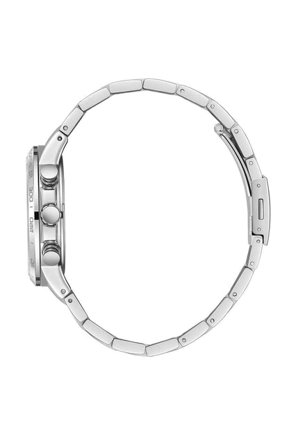 Silver wristwatch caseback with metal link bracelet and visible lugs