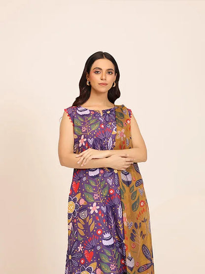 Printed sleeveless kurta set with purple pants and sheer dupatta, front view