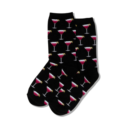 Black crew socks with scattered pink martini glass pattern.