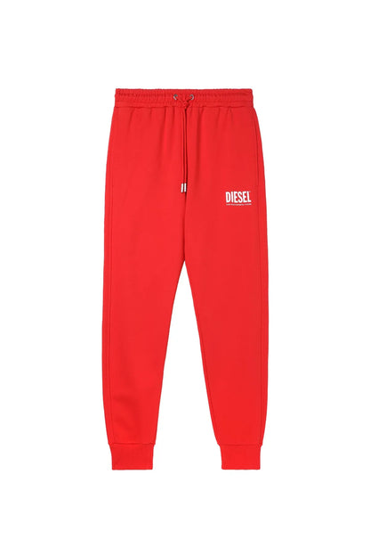 Red jogger pants with elastic waistband and cuff hems, side logo print