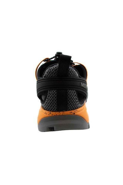 Black and orange mesh trail shoe with heel tab and cushioned collar