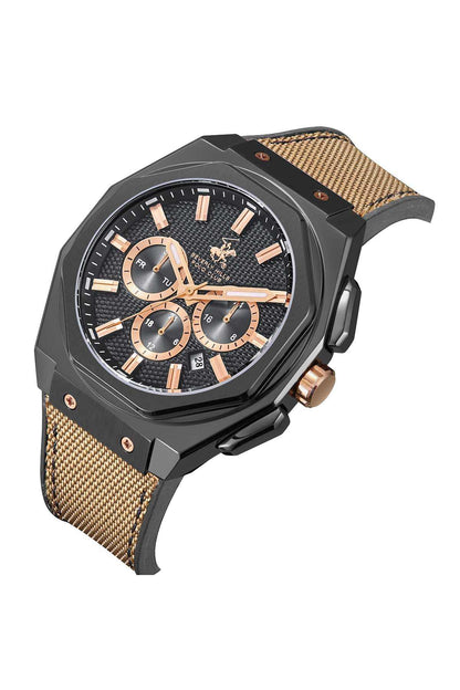 Chronograph watch side view with black case, rose-gold crown, and camel woven strap
