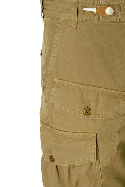 Camel cargo pants close-up of flap pocket and button details on the leg