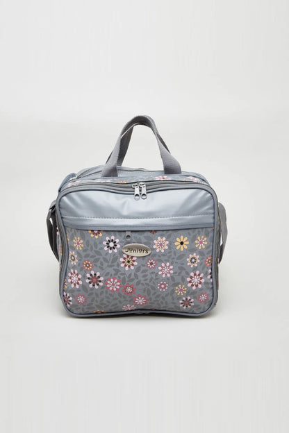 Grey floral diaper bag with front zip pocket and adjustable shoulder strap