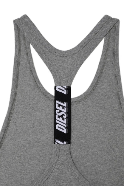 Grey tank top with black DIESEL logo label at the neckline